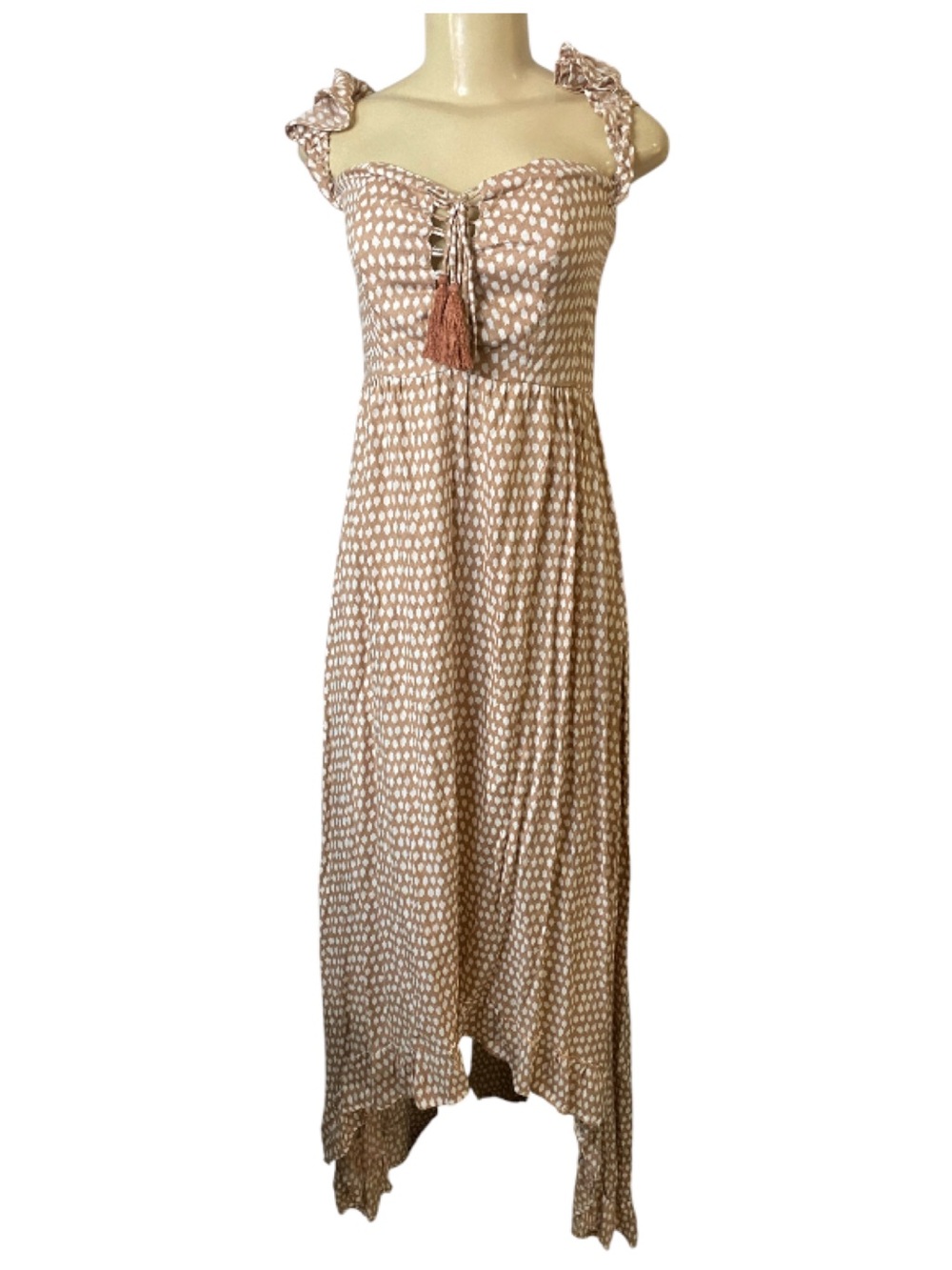 Anthropologie Tiare Hawaii Polka Dot Asymmetric Dress Beige One Size
